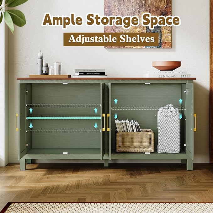 ARTPOWER Large Sideboard Buffet Cabinet with Storage, 60" Accent Cabinet Modern Buffet Table with Adjustable Shelf, Credenza Green Storage Cabinet for Dining Room, Living Room, Kitchen, Entryway