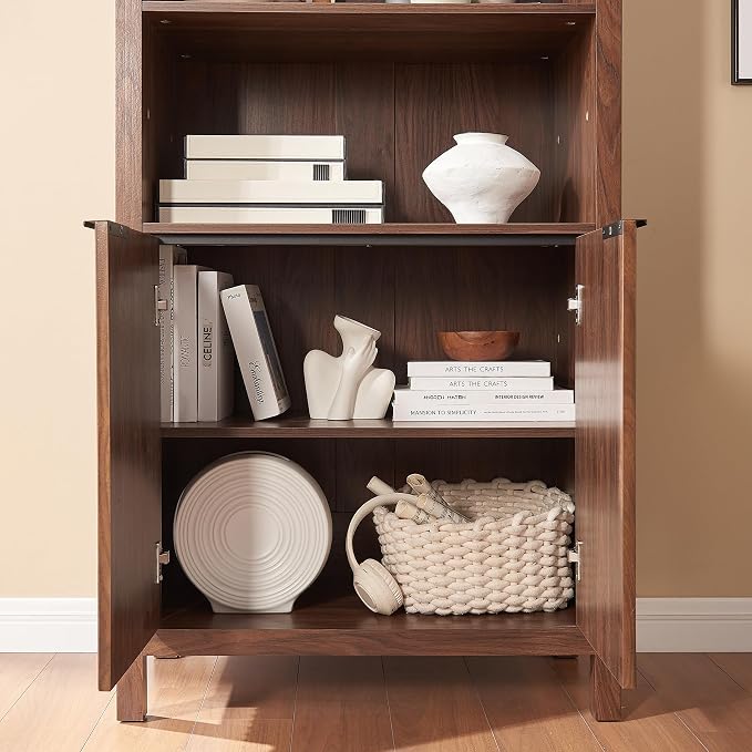 Arched Cabinet Bookshelf Bookcase - 71” Tall Mid Century Arched Display Cabinets, Rounded Bookshelf with Fluted Doors, Open Shelf Storage Cabinet for Dining Room (Walnut)