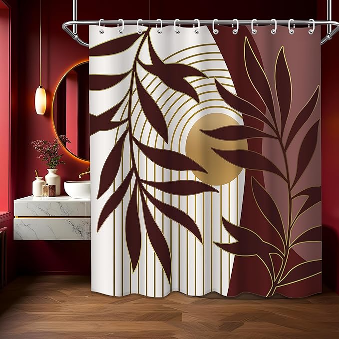 Boho Red Shower Curtain, Mid Century Modern Red Shower Curtains for Bathroom, Waterproof Fabric Set with Hooks, 70" W x 72" L
