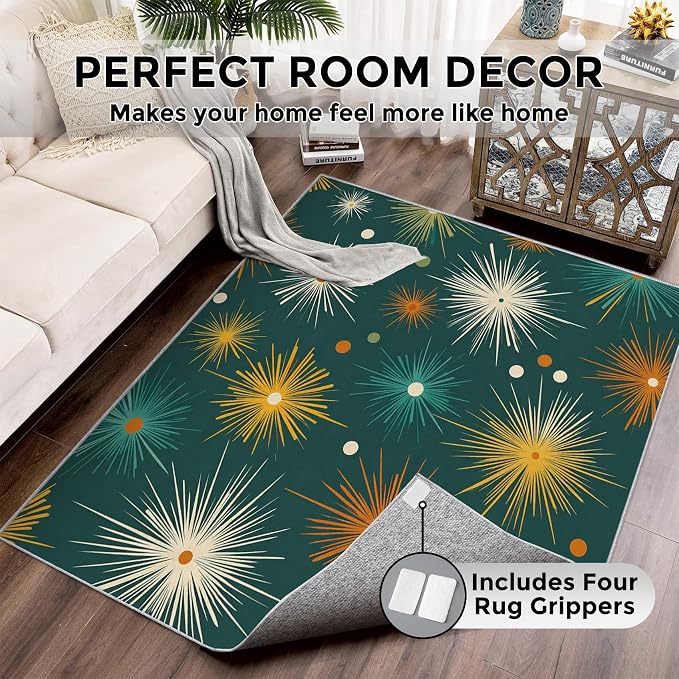 Abstract Atomic Rugs for Living Room Decor, 6x8 ft, MCM Geometric Starburst Area Rugs for Bedroom, Soft Non Slip Washable Mid Century Modern Carpet Home Decorations D-g48