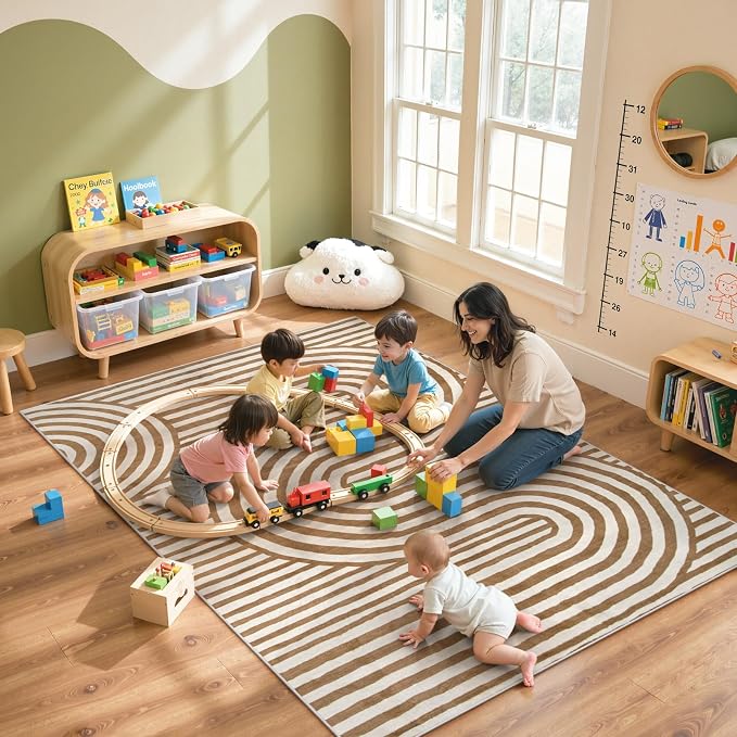 Lahome Abstract Area Rugs 5x7,Soft Living Room Rug Nursery Bedroom Rugs,Rainbow Colorful Playroom Rug Ultra-Thin Stain Resistance Throw Large Carpet for Kids Classroom Dorm Alba (5'X7',Khaki/Orange)