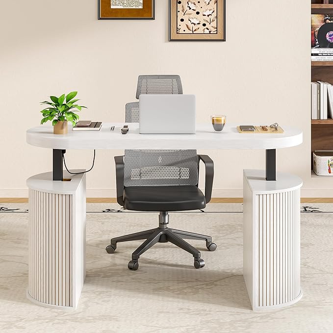 Mid Century Modern Electric Standing Desk with Storage, 55 x 22 Inch Small Sit Stand Up Desk, Wood Adjustable Height Computer Executive Desk for Home Office, Laptop, White