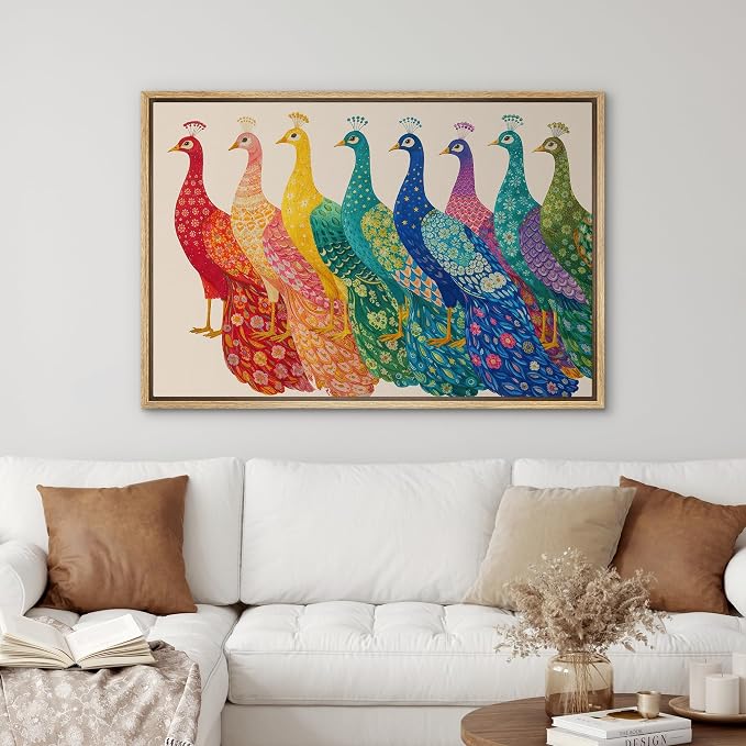 SIGNWIN Framed Canvas Print Wall Art Colorful Peacock Bird Row Folk Art Floral Pattern Rustic Landscape Relax/Calm for Living Room, Bedroom, Office - 16"x24" NATURAL