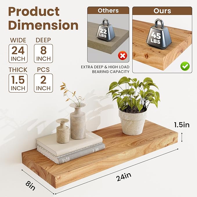 Extra Deep 24" Long Rustic Solid Wood Floating Shelves for Wall, Wall Shelves with Invisible Bracket for Living Room Bathroom Bedroom Kitchen, Set of 2, Walnut