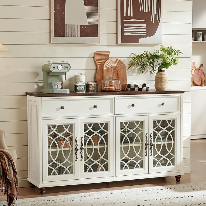 Large Sideboard Buffet Cabinet with Storage,59" Credenza with 4 Glass Doors & 2 Drawers,Adjustable Shelves Coffee Bar,Wood Kitchen Console Table for Dining Room,Living Room,Black