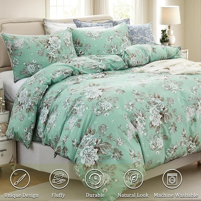 Floral Duvet Cover King Size Soft 100% Nature Cotton Vintage Style Green Bedding Set with Zipper Closure 3 Pcs Cottagecore Botanical Duvet Covers, Ultra Soft, Breathable