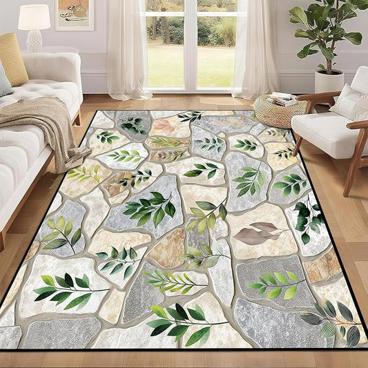 4'x6' Optical Illusion Rug 3D Stone Floor Mat Green Leaf Botanical Area Rug Rustic Nature Washable Carpet for Bedroom Living Room Kitchen Nursery Playroom Home Decor