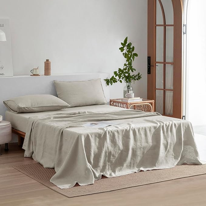 EVERLY Linen Sheets Set Queen Size,100% French Stonewash Pure Linen Sheets Set,4Pieces (1Flat Sheet,1Fitted Sheet,2Pillowcase) Suitable for Hot Sleepers,Not Dyed Deep Pocket Natural Bedding Set-Linen
