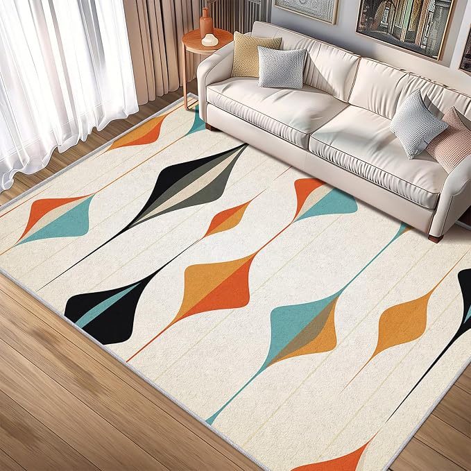 Mid Century Modern Rug 8x10, Washable Retro Geometric Rugs for Living Room Bedroom, Minimalist Area Rug for Home Decor, Non Slip Backing Floor Carpet with Gripper - 8 x 10 ft