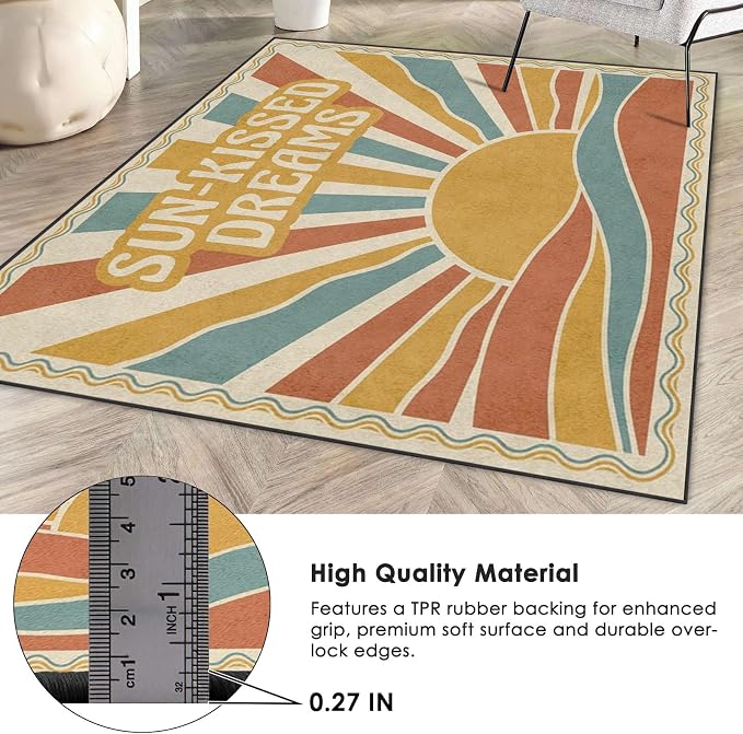 Area Rugs 5'x7' Washable Rug, Retro Sunburst Boho Stain Resistant Non Slip Backing Sunset Vintage Carpet for Living Room Bedroom Dining Room