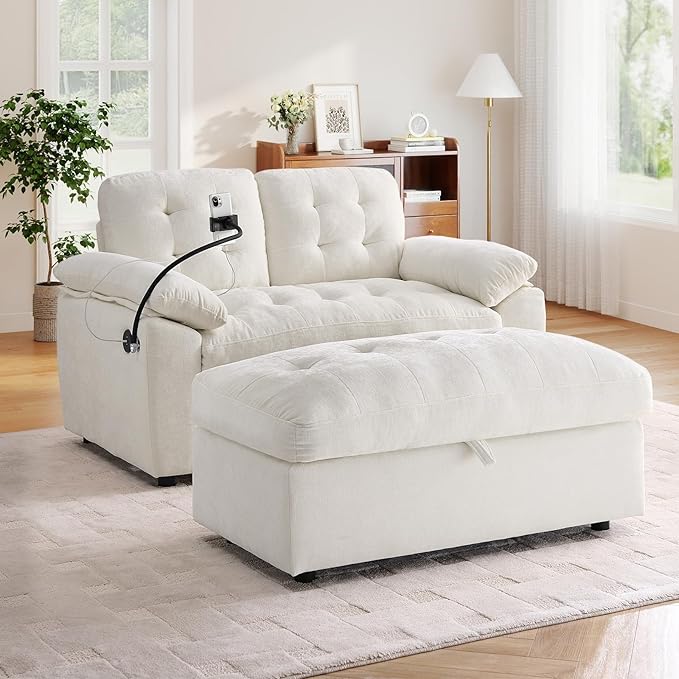 Oversized Chaise Lounge Chair Indoor with Ottoman&Adjustable Backrest,Chenille Tufted Recliner Comfy Loveseat Sofa Chair with USB&Phone Holder,Convertible Sleeper Couch Bed for Living Room(56"W,Beige)