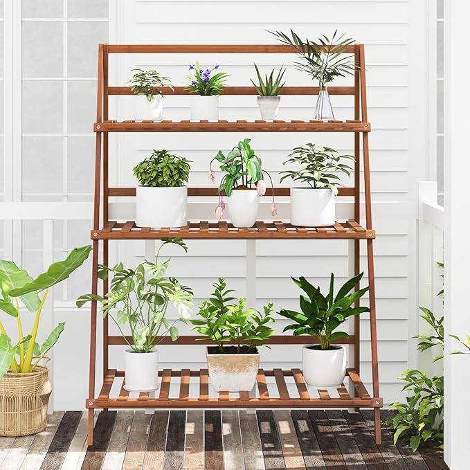 Giantex Folding Bamboo Plant Stand, 3-Tier Flower Pot Rack Display Shelf, Foldable Plants Holder Organizer Storage Shelving for Patio Garden Balcony Home Indoor Outdoor (Brown)