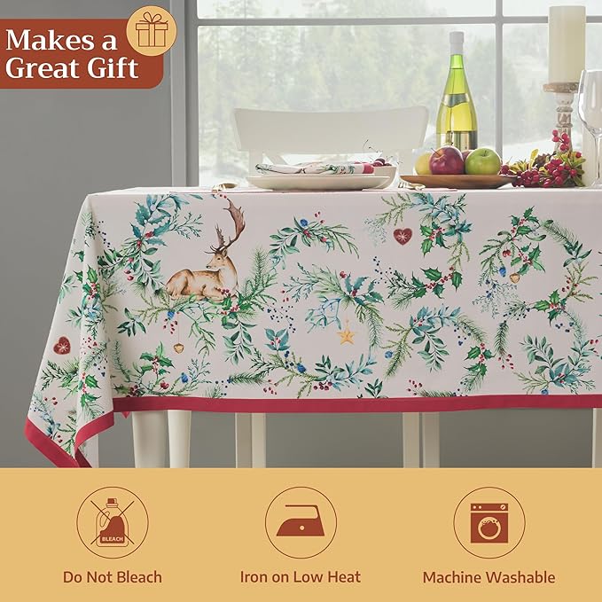 Maison d' Hermine Table Cloth Rectangle Table 100% Cotton 70 x 108 Inches Fall Tablecloth Reusable Everyday Use for Thanksgiving Christmas Decorations Dining Farmhouse Party (Holly Time)