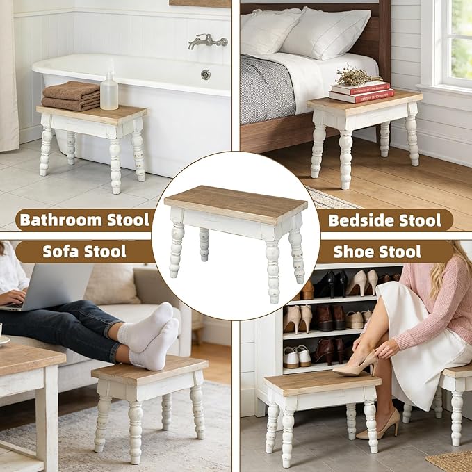 Farmhouse Wooden Step Stool, Solid Wood Step Stool for Kids Adults, Plant Stand Indoor Decor, Portable and Sturdy Versatile Foot Stools for Bathroom, Bedroom, Office, Kitchen (Rectangle)