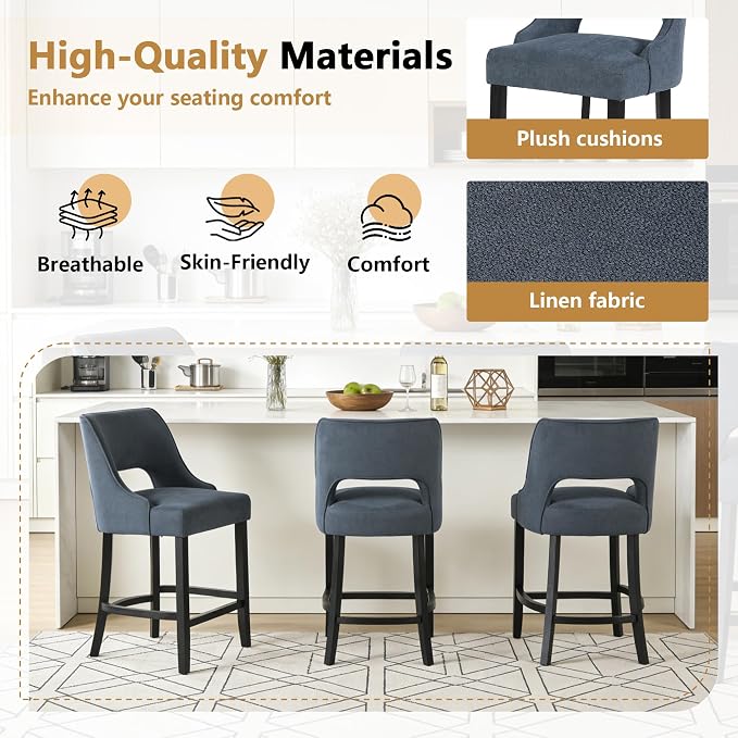 ClinQ Bar Stools Set of 6, 26" H Counter Height Bar Stools with Backs, Modern Upholstered Accent Barstools with Curved Footrest for Kitchen Island, Dining Room and Bar, Navy-Black Legs