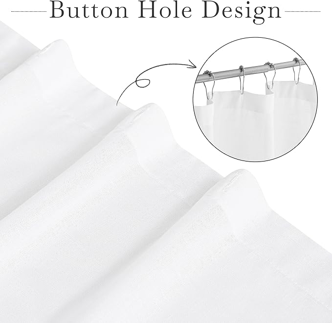 KGORGE White Linen Shower Curtain - Semi Sheer Lightweight Button Hole Half Privacy Quick Dry Shower Curtains for Bathroom Bathtub Decor, White, 72 x 84 inches Long, Hooks Included