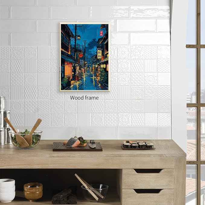 Japanese Tokyo Tea House Framed Canvas Wall Art Japanese City Street Cafe Scene Picture Print Modern Ukiyo-e Decor Poster for Japanese Home Bedroom Decorations Artwork12x16in