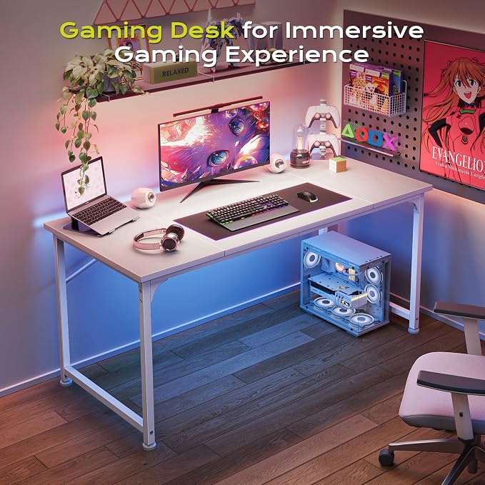 PRAISUN 47 Inch Computer Desk, Home Office Desk with Spacious Desktop, Modern Gaming Desk, Writing Study Table for Bedroom, Small Spaces, Work from Home Desk with Metal Frame, White