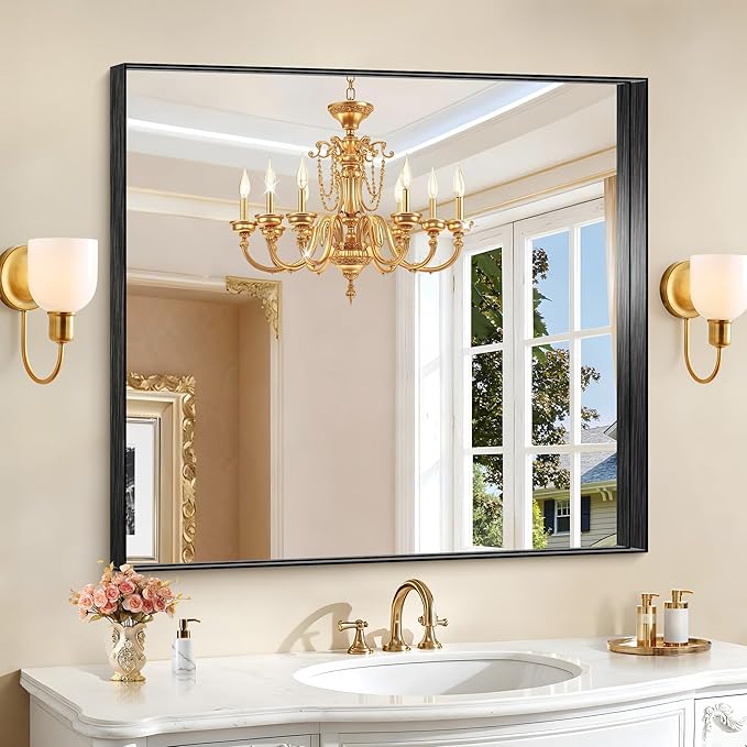 CIRCUMI Black Bathroom Mirror, 36"x40" Rectangular Mirror with Deep Metal Frame, Brushed Finish, Tempered Glass, Mirror for Wall, Oversink, Bedroom, Installed Vertically/Horizontally, Crystal-Clear