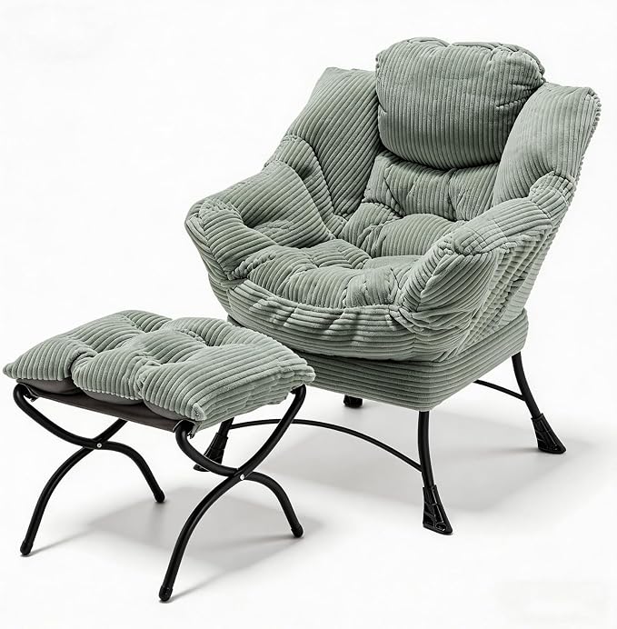 Oversized Lazy Chair with Ottoman for Adults, Chair and Ottoman Set Modern Skinny Lounge Chair with Footrest, Wide Reading Chair for Living Room/Bedroom, Comfy Accent Armchair for Small Spaces, Green