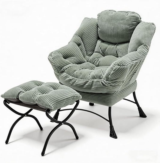 Oversized Lazy Chair with Ottoman for Adults, Chair and Ottoman Set Modern Skinny Lounge Chair with Footrest, Wide Reading Chair for Living Room/Bedroom, Comfy Accent Armchair for Small Spaces, Green