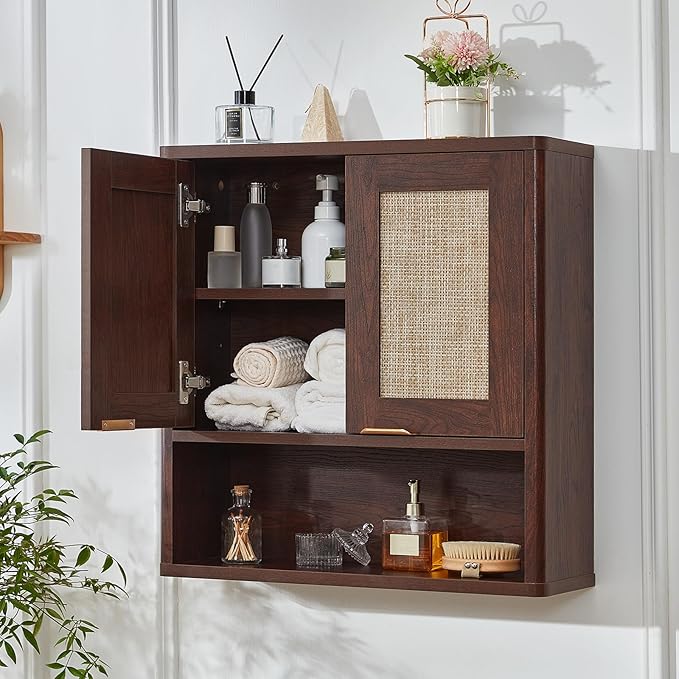 LEYAOYAO Rattan Bathroom Wall Cabinet, Boho Medicine Cabinet with Adjustable Shelf & Doors, Over The Toilet Storage Cabinets Organizer for Laundry Room, Kitchen, Living Room, Walnut