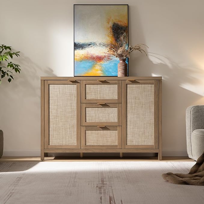 SICOTAS Rattan Sideboard Buffet Cabinet with Storage - 52" Larger Farmhouse Credenza Storage Coffee Bar Cabinet with 3 Drawers & 2 Doors, Boho Console Table for Living Room, Kitchen, Caramel Oak