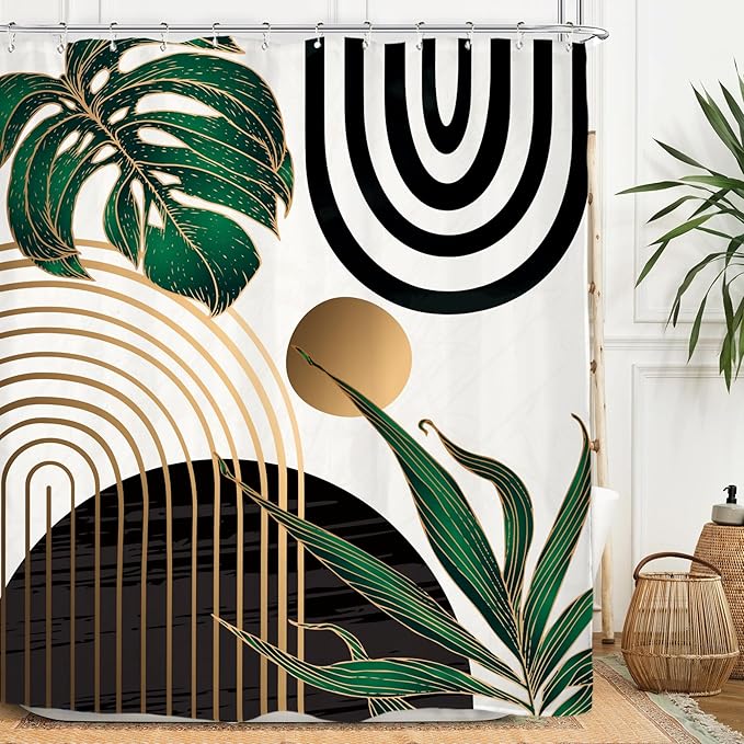 Miyotaa Abstract Emerald Green Shower Curtain Set 60Wx71H Inches Mid Century Minimalist Modern Tropical Leaves Geometric Contemporary Polyester Waterproof Bathroom Curtain with 12 Hooks