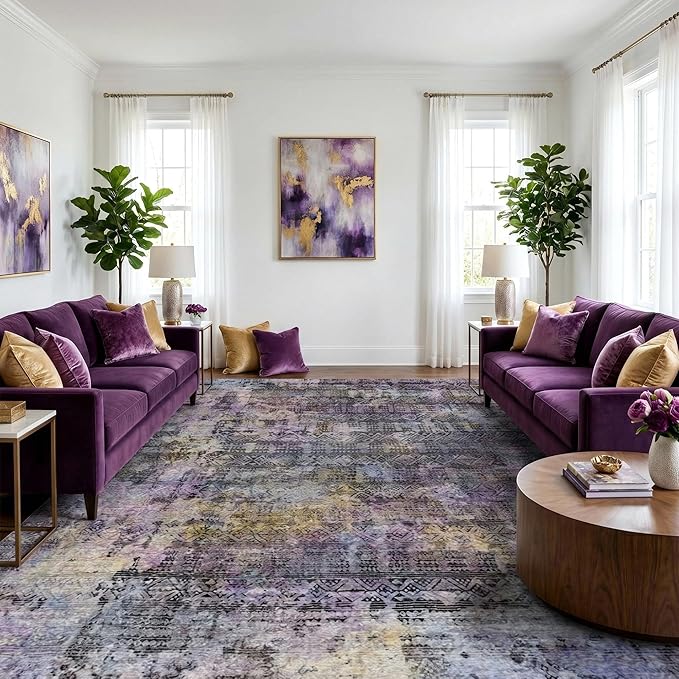 Kokia Abstract Area Rugs 10x14 Bedroom Washable Decor Low Pile Non-Slip Non-Shedding Indoor Black Purple Carpet Foldable Stain Resistant Floor Living Room Dining Room, Violet and Slate Blue