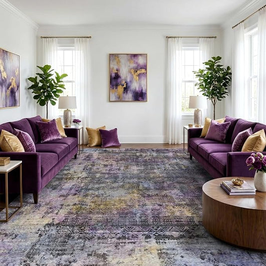 Kokia Abstract Area Rugs 8x10 Bedroom Soft Living Room Rugs Washable Distressed Vintage Comfy Black Purple Carpet with Non-Slip Backing for Farmhouse Home Office Room Decor, Violet and Slate Blue