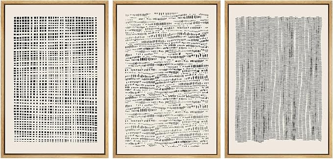 SIGNWIN Framed Canvas Print Wall Art Set Geometric Dark Black Grid Wave Pattern Abstract Shapes Cozy Neutral Modern Art Decorative Contemporary for Living Room, Bedroom, Office - 16"x24"x3 Natural