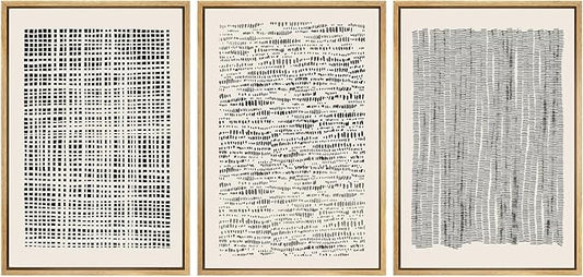 SIGNWIN Framed Canvas Print Wall Art Set Geometric Dark Black Grid Wave Pattern Abstract Shapes Cozy Neutral Modern Art Decorative Contemporary for Living Room, Bedroom, Office - 16"x24"x3 Natural