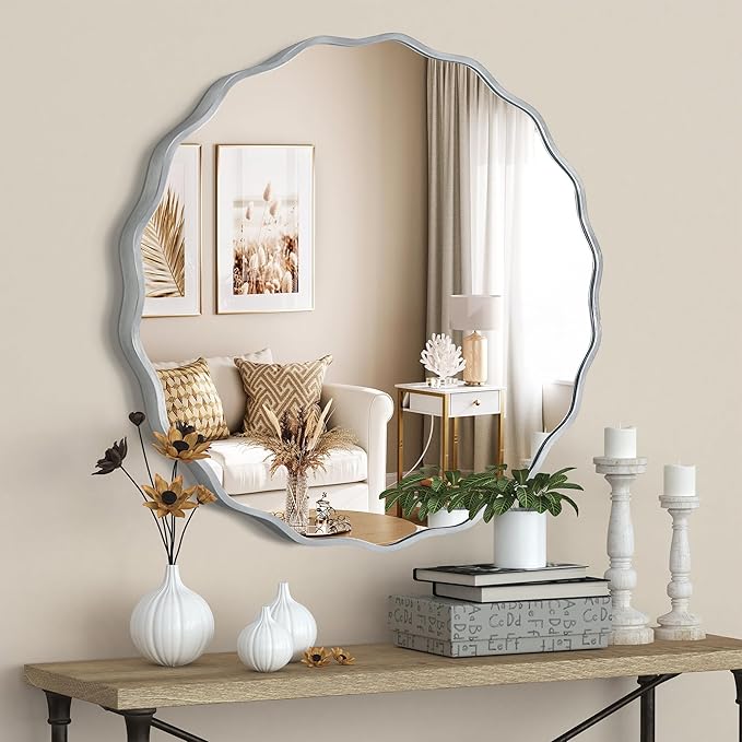 Silver Round Mirror for Wall, 24"x24" Decorative Wavy Bathroom Mirror with Brushed Alloy Steel Frame & Shatter-Proof Glass, Hanging Circle Wall Mirrors for Bathroom, Entryway, Bedroom