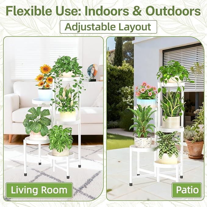 iDavosic.ly Plant Stand Indoor Outdoor, 5 Tier Corner Metal Flower Display Holder Shelf, Folding Tall Orchid Rack for Patio Balcony Porch Garden Living Room House, White