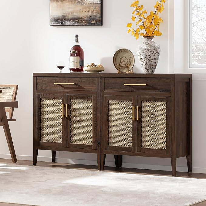 SICOTAS Buffet Cabinet Set of 2 - Modern Sideboard Cabinet Tall Credenza with Drawers & Metal Mesh Doors, Accent Buffet Table Coffee Bar for Living Room Dining Room Entryway, Espresso Walnut