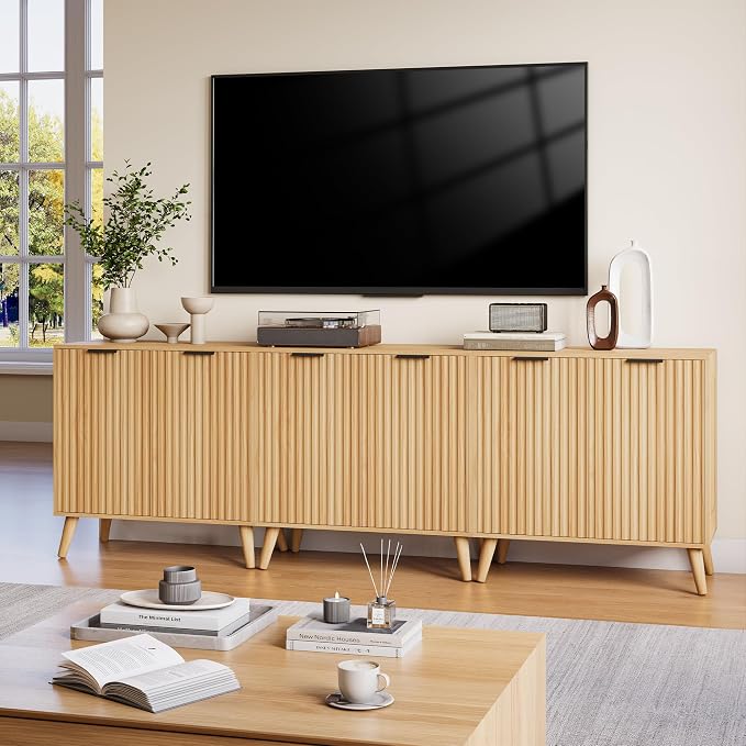 Fluted Sideboard Buffet Cabinet with Storage, 2 Doors Modern Sideboard Cabinet for Living Room, Wood Coffee Bar Cabinets with Adjustable Shelves Accent Credenza for Kitchen, Entryway, Natural