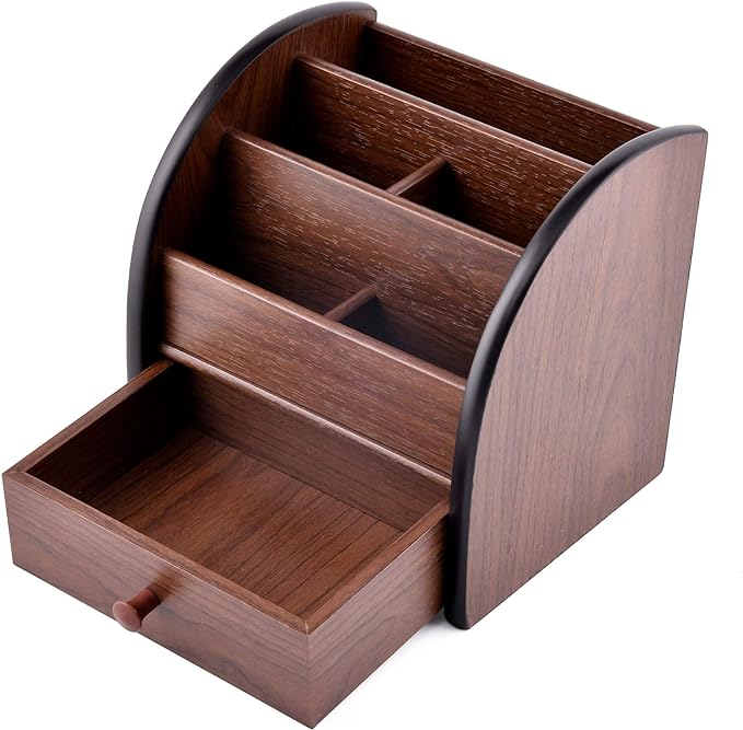 Siveit Wooden Desktop Organizer with Drawer, Multifunctional Office Supply Storage - Remote Control Caddy Holder