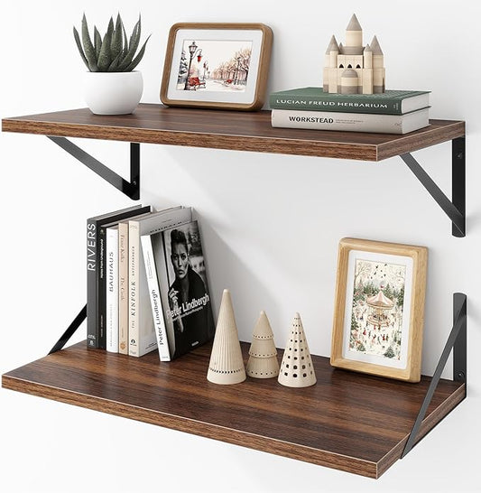 Deep Floating Shelves Wall Mounted, 24"x12" Walnut Wall Shelves with Brackets Set of 2 for Bedroom, Living Room, Bathroom, Kitchen, Office - Storage & Display Shelf for Decor, Books, Plants