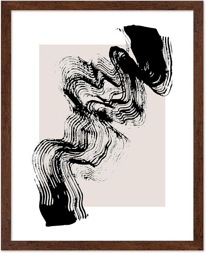 Poster Master Brush Waves Poster - Black Brush Wave Stroke Print - Abstract Design - Drawing Artwork - Mid Century Modern Art - Minimal Design - Living Room or Bedroom Wall Decor - 8x10 Brown Framed