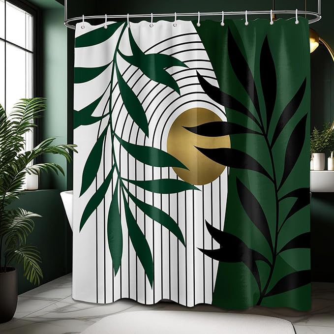 Olive Green and Gold Shower Curtain, Boho Modern Mid Century Shower Curtains for Bathroom Decor Set, Waterproof Fabric with Hooks, 70" W x 96" L