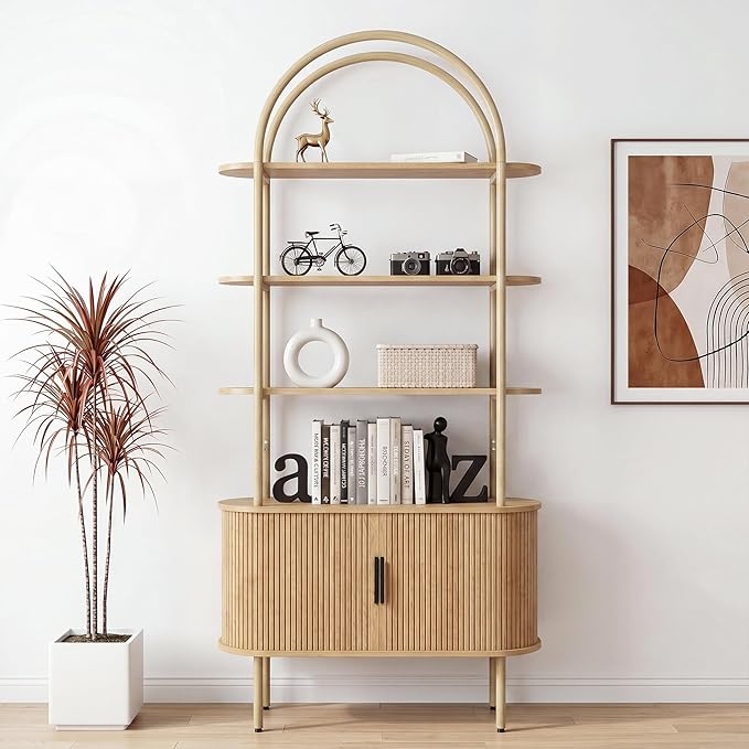 71" Tall Fluted Arched Bookshelf with Sliding Tambour Doors, Mid Century Modern Metal Curved Bookshelf Cabinet with Storage, 4-Tier Open Display Storage Shelf for Home Office, Living Room (Natural)