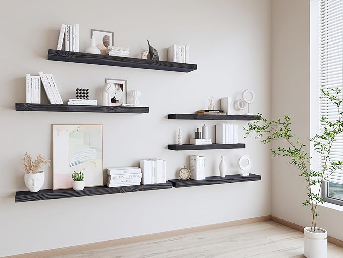 Wood Floating Shelves 36 inch Long Set of 2,8 inch deep Solid Wood Wall Mounted Shelves for Living Room Kitchen,Book Shelf for Wall with Hidden Bracket- Black