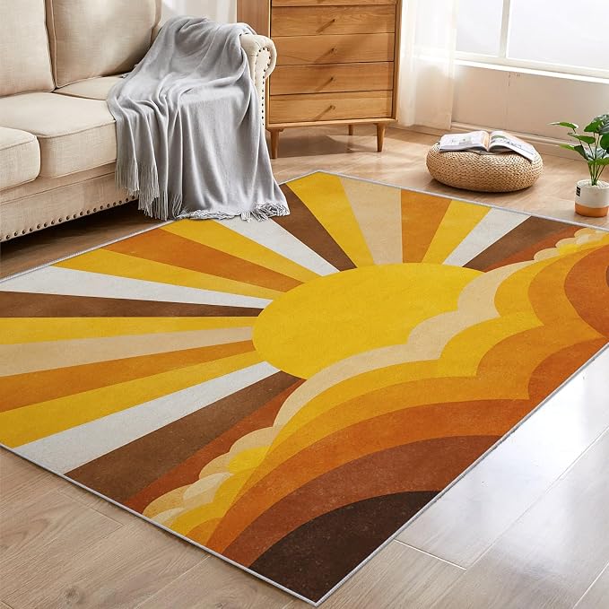 Boho Sun Rugs for Home Decor, 3x5 ft, Abstract Sunburst Retro Area Rugs for Living Room, Soft Non Slip Washable Mid Century Modern Carpet Bedroom Decorations Dt-Ghf-69