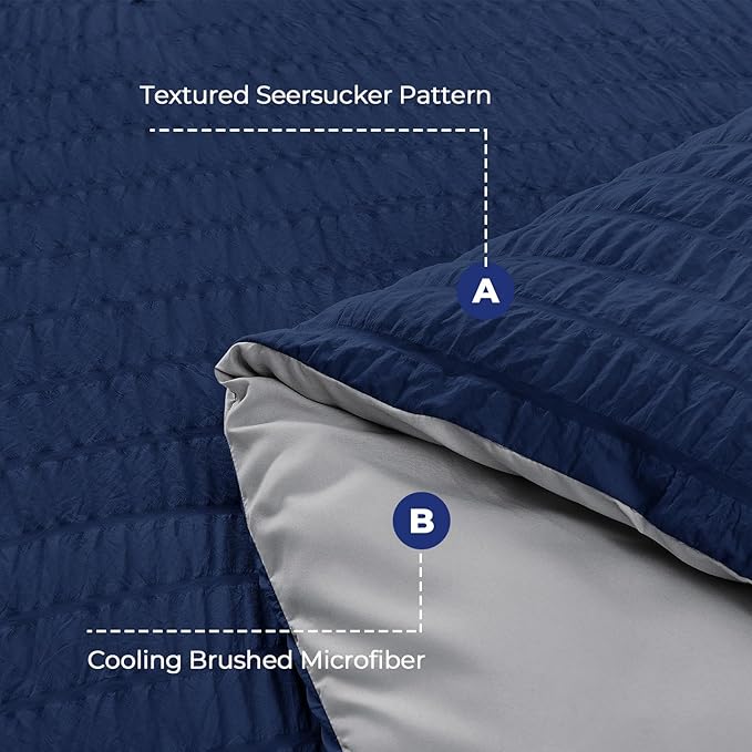 HYMOKEGE Navy Blue/Light Grey Full Size Comforter Sets Seersucker 7 Pieces, All Season Luxury Bed in a Bag for Bedroom, Bedding Set with Comforter, Sheets, Pillowcases & Shams