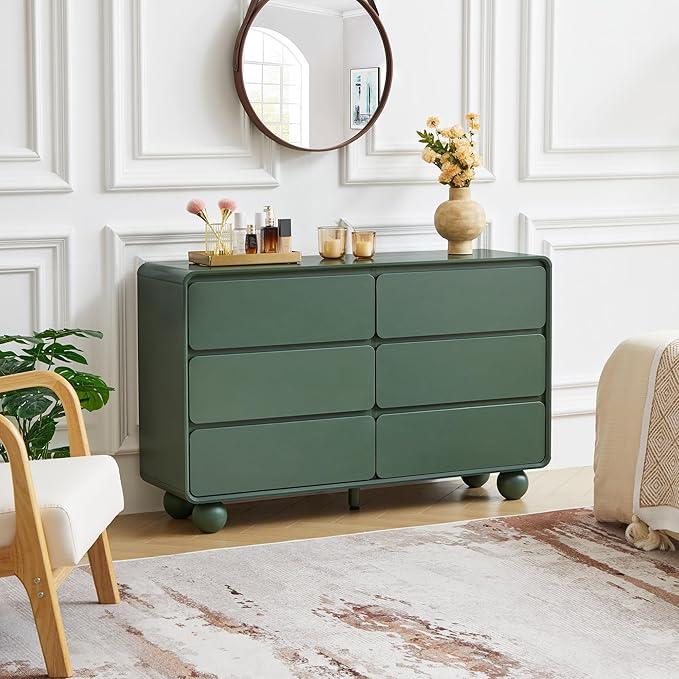 AVZEAR Modern 6 Drawer Green Dresser for Kids Bedroom, 48" Wide Wooden Dresser Chest of Drawers, Handle Free & Curved Profile Design, Mid Century Closet Clothes Storage Organizer for Living Room
