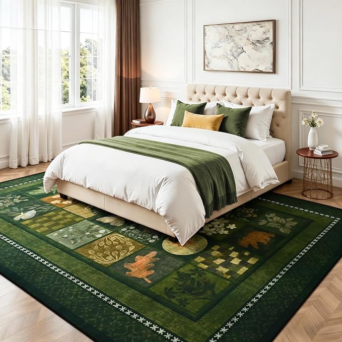 Tepook 6x9 Area Rugs for Living Room, Modern Large Geometric Rug for Bedroom, Washable Patchwork Rug Indoor Non Slip Throw Carpets for Dining Room Office Farmhouse Home Decor, Dark Green