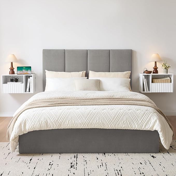 Modern Matte White Fluted Floating Nightstand with Charging Station, NightStand with Drawers, Bedside with USB Ports and Outlets, Bedroom Furniture(Left)