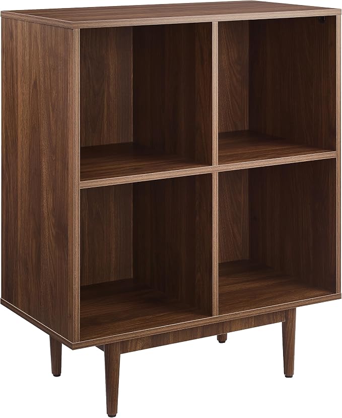 Crosley Furniture Liam Vinyl Record Storage 4 Cube Media Stand for Turntables, Mid-Century Modern Bookshelf, Walnut