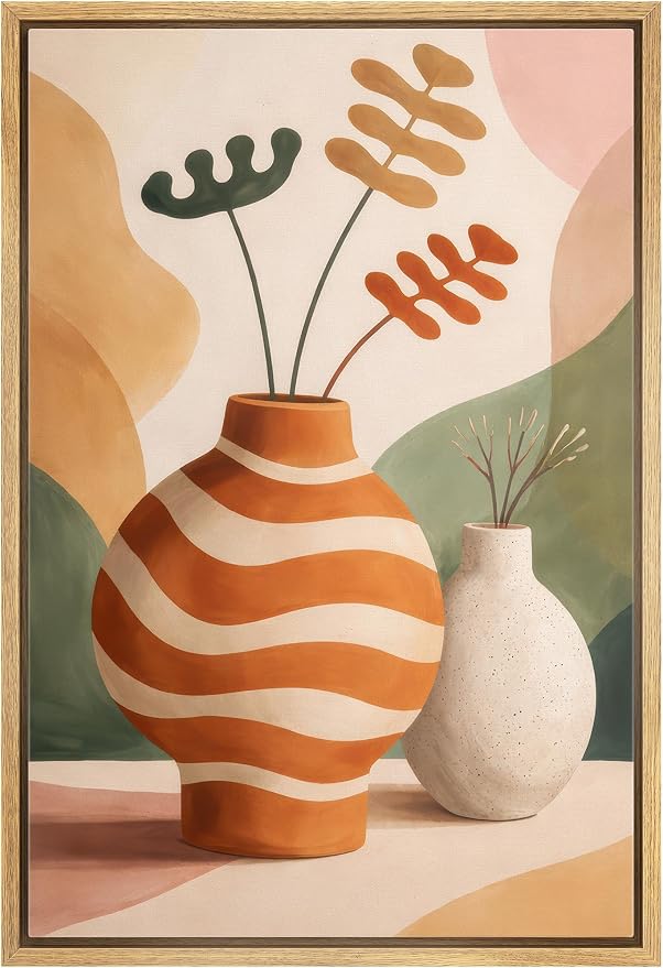 Woodrose Framed Canvas Print Wall Art Mid Century Modern Vase Still Life Illustrations Modern Art Minimalist 3D Colorful Ultra for Living Room, Bedroom, Office - 16"x24" NATURAL