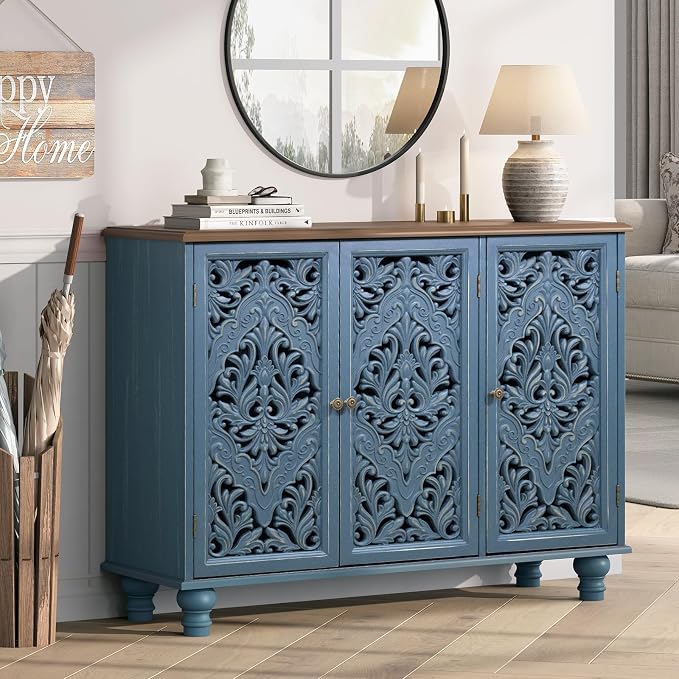 JOINICE Accent Cabinet with 3 Carved Doors, Distressed Sideboard Buffet with Storage & Solid Wood Legs, 43" Vintage Console Table for Living Room,Entryway,Coffee Bar,Hallway(Blue & Walnut)